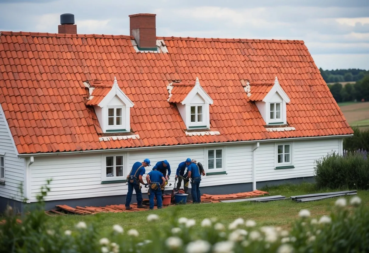 Et hold arbejdere reparerer omhyggeligt et traditionelt rødt tegltag på et charmerende dansk hjem på landet i Sjælland